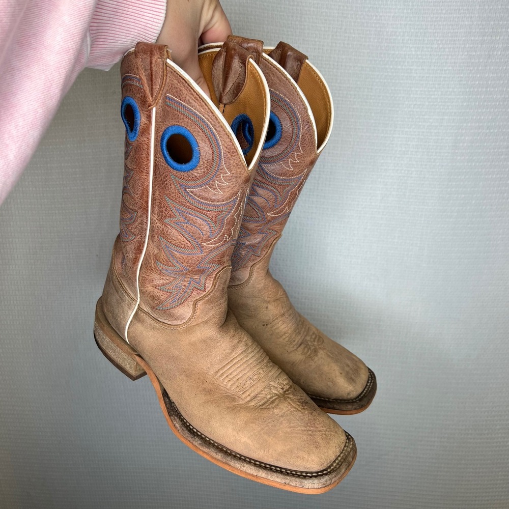 Justin Bent Rail BR744 Mens Tan Brown Leather Square Toe Cowboy Boots 7.5 D